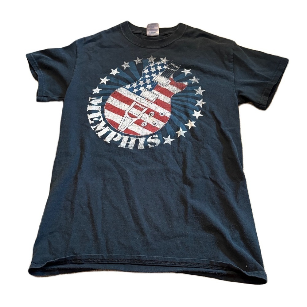 Memphis Navy Graphic Tee with American Guitar Design Small Men’s T-shirt